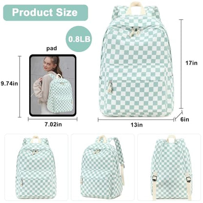 Bluboon School Backpack Set Girls Womens Laptop Bookbag Casual Daypack Fits 15 inch Laptop with Lunch Tote Bag and Pencil Bag - color: Mint Green White Checkered
