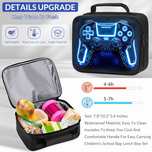 School Backpack for Boys - 3pcs Gamer Boys Backpack with Lunch Box Set for Kids Teens Elementary Middle School - 17″ Video Game Bookbag Travel Back Pack for Age 6-18 - color: Gamer Blue-backpack Set