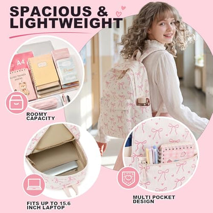 LEDAOU School Backpack for Teen Girls Elementary Middle School Bookbag Kids Backpacks 15.6 in Laptop Backpack Travel Daypack - color: A-bow Tie Love Beige