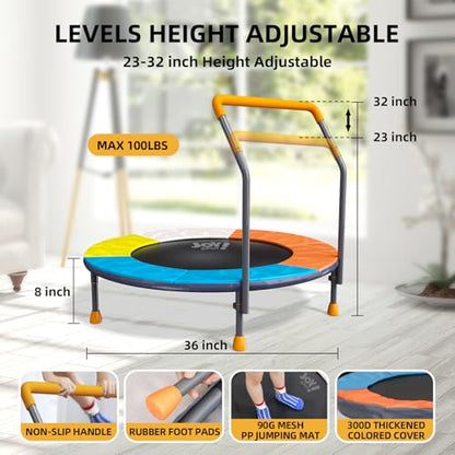 3FT Toddler Trampoline for Kids Ages 1-6, 36" Foldable Mini Trampoline with Adjustable Handle, Indoor/Outdoor Rebounder, Colorful Jumping Mat, Quiet Elastic Band, Safety No-Gap, Max Load 100 LBS