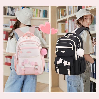Girls Backpack for Kids Elementary Middle School, Backpack for Teen Girls School Bag, with Star Pins and Furry Pendant, A08-Wine-red - color: A08-wine-red