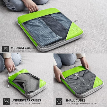 9-Set Packing Cubes with Hanging Bag | 9-Size Combination, Mesh Fabric & Reflective Stripe | Travel Luggage Organizers (Green) - color: Green