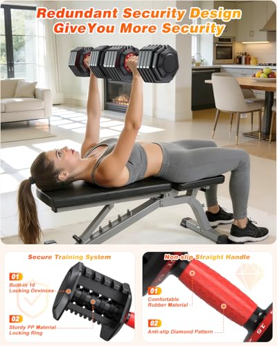 XDDIAS Adjustable Dumbbells Set of 2 for Strength Training, One-Hand Quick Adjust, 25/55/80/90 lbs Options, Anti-Slip Grip Handle, Compact Home Gym Weights for Men Women - color: Plus 10-Level 55LB Pair