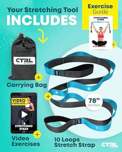 Stretching Strap with Loops - Non Elastic Stretch Band for Physical Therapy, Yoga Strap for Stretching Equipment, Stretch Bands for Exercise and Flexibility - Fascia, Hamstring & Leg Stretcher Belt - style: 10 Loops - Blue
