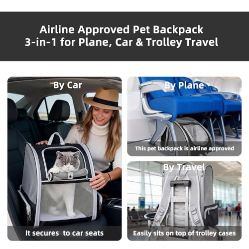 Cat Carrier Soft Sided Pet Carrier Backpack Airline Approved cat Bag for Cats & Dogs - Collapsible, 270° Breathable Design with 1 Pet Poop Bag+ 5 Leak-Proof Pee Pads, Ideal for Small/Medium Pets