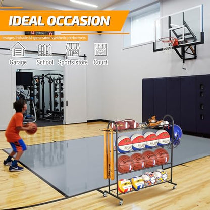 PLKOW Basketball Rack, Rolling Ball Storage with Baseball Bat Holder and Hooks, Sports Equipment Storage with Wheels for Volleyball, Football and Basketball Accessories, Powder Coated Steel