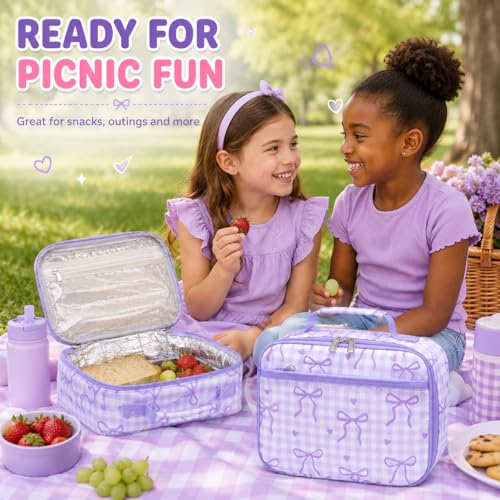LEDAOU Lunch Box Kids Insulated Lunch Bag Girls Boys Toddler Reusable Lunchbox for School Picnic Hiking (Checkered-Purple Bow) - color: Checkered-Purple Bow