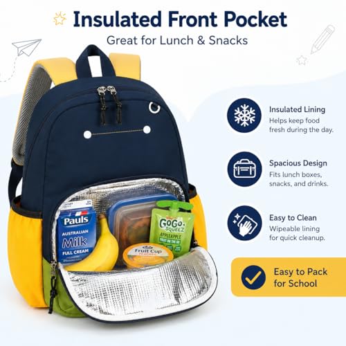 BTOOP Kids Backpack for Boys 3-6, Preschool Kindergarten Backpack with Insulated Lunch Compartment & Chest Strap, Cute Lightweight School Travel Bag Fits A4 Folder - color: Navy-blue, size: Age 3-6 (14.5" H Fit Folder)