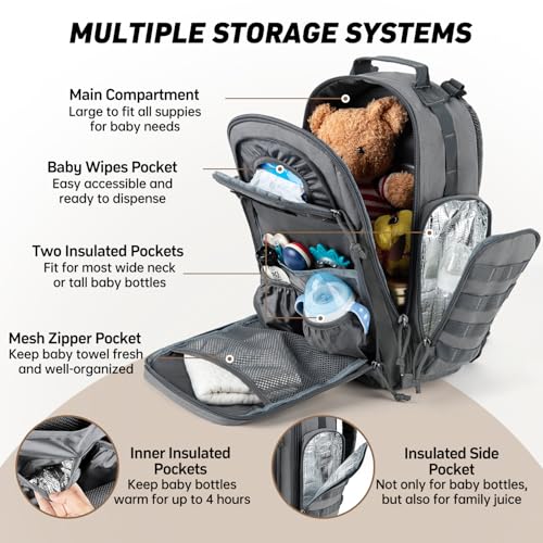 SHARKMOUTH Diaper Bag with Changing Pad - Large Military Baby Diaper Backpack for Hiking Travel Camping - Army Style for Men Active Dad Gray - color: Gray W/ Changing Pad