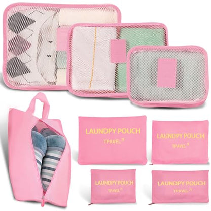 8 Set Packing Cubes for Travel Luggage Packing Bags Reusable Waterproof Suitcase Organizer Cubes Set with Shoe Bag and Toiletry Bag (Pink) - color: Pink