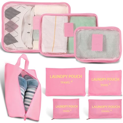 8 Set Packing Cubes for Travel Luggage Packing Bags Reusable Waterproof Suitcase Organizer Cubes Set with Shoe Bag and Toiletry Bag (Pink) - color: Pink