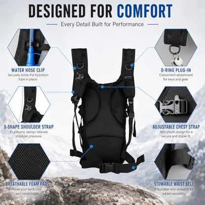 Tactical Hydration Backpack 2L Water Bladder - Lightweight Durable Pack for Hiking, Running, Outdoor Adventures, Adjustable Straps & Leak-Proof Design - color: Black
