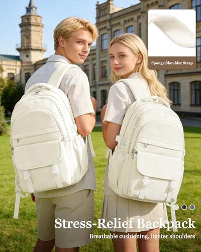 Waterproof Aesthetic Backpack For School, Cute High School Bookbag For Teen Girls Boys, Lightweight Casual Daypack Backpack For Women Men, College Backpack With Lots Of Pockets（Beige） - color: Beige