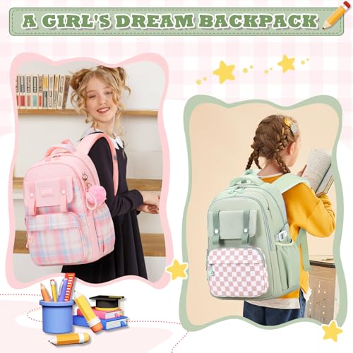 MUSEVOS Girls Backpack, Ideal School Backpack for Girls from Elementary to Teen Years, Kawaii Bookbag Cute Large Capacity, Checkered, Green - color: Green