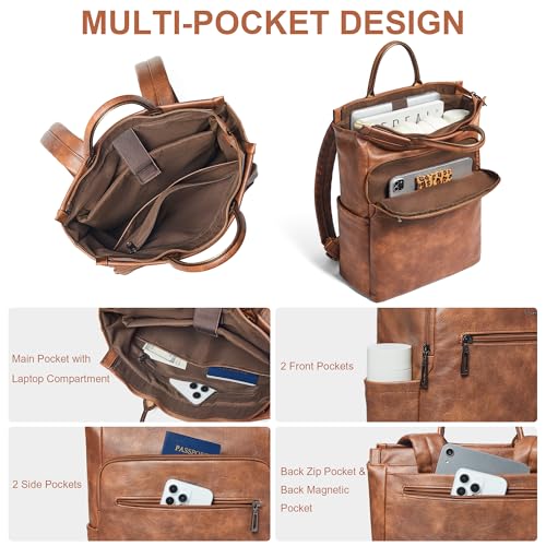 Leather Laptop Backpack for Women, Travel Backpack Purse Fits 15.6 Inch Laptop, Casual Daypack with Laptop Compartment for Men Teachers College Work Business Nurse Weekender, Black - color: 1-1 Brown