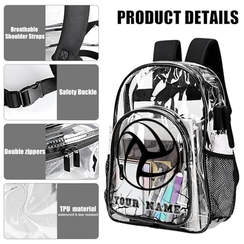 Custom Volleyball Clear Backpack Heavy Duty for Girls Kids Boys | Large Cool PVC Volleyball Theme Printing Transparent Backpacks for Schools Stadium Concerts Work - Clear/Black - color: Volleyball Clear Backpack 3 Black With Front Pocket Custom