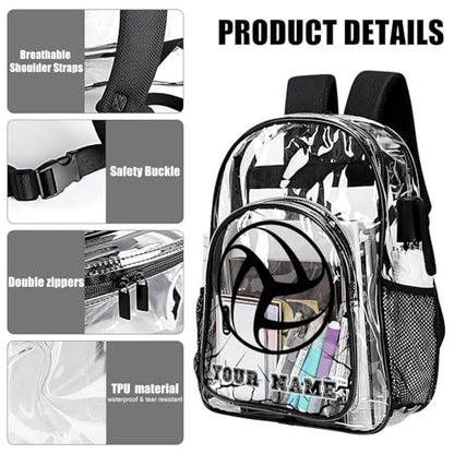 Custom Volleyball Clear Backpack Heavy Duty for Girls Kids Boys | Large Cool PVC Volleyball Theme Printing Transparent Backpacks for Schools Stadium Concerts Work - Clear/Black - color: Volleyball Clear Backpack 3 Black With Front Pocket Custom