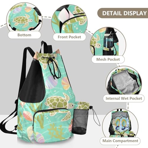Drawstring Sport Gym Sackpack With Water Bottle Pocket Drawstring Beach Bags with Wet Dry Compartments Turtle Green Sea