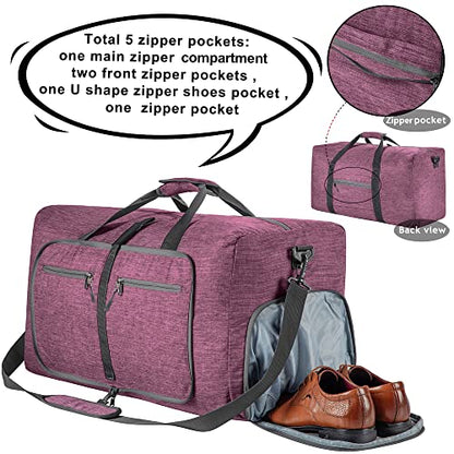 Vomgomfom 65L/85L/115L Foldable Travel Duffle Bag, Lightweight Checked Luggage with Shoe Compartment, Water-Resistant Weekender Overnight Bag for Men & Women - color: I Purple, size: 65L