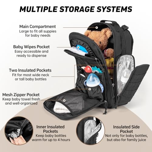 SHARKMOUTH Dad Diaper Bag Military - Large Baby Diaper Backpack with Changing Pad for Travel Camping Trips Park - Newborn Baby Shower Gifts Black - color: Black W/ Changing Pad