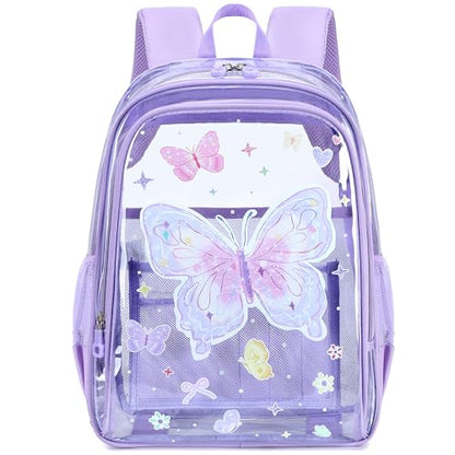 AO ALI VICTORY Clear Backpack for School,PVC Transparent Kids Bookbag for Girls Boys Cute Toddler Back Pack Kindergarten Elementary Schoolbag Stadium Approved See Through Backpacks, Purple Butterfly - color: Purple Butterfly