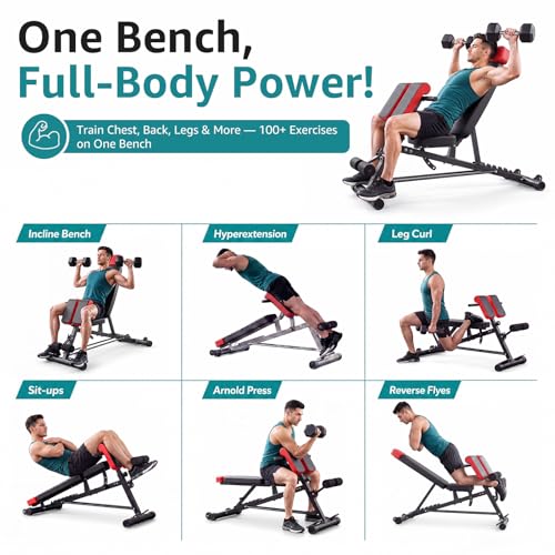 OLIXIS Adjustable Weight Bench, 660 LBS Foldable Workout Bench Press | Heavy Duty Chest Press Machine with Hyper Back Extension & 2 Wheels, for Flat Incline Decline Sit Up for Home Gym - color: Inky Black & Red