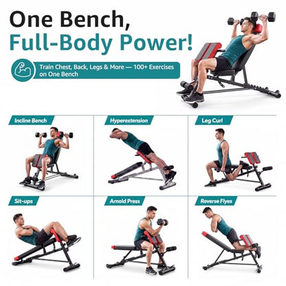 OLIXIS Adjustable Weight Bench, 660 LBS Foldable Workout Bench Press | Heavy Duty Chest Press Machine with Hyper Back Extension & 2 Wheels, for Flat Incline Decline Sit Up for Home Gym - color: Black & Red