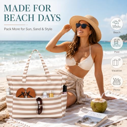 LEDAOU Beach Bag Waterproof Sandproof Women Beach Tote Pool Bag with Zipper for Swim Gym Grocery Travel with Wet Pocket | Sandproof - color: Brown White Stripes