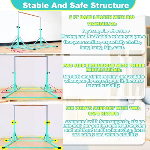 Marfula Gymnastic Bar For Kid and Teenage of 3-25, 5Ft/8 FT Base Length 4Ft Width 5Ft Adjust Height, Gymnastic Kip Bar For Gymnast, Gymnastic Training Equipment For Professional Training Home Club Use - color: Teal(5 Ft Base)