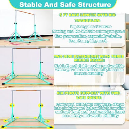 Marfula Gymnastic Bar For Kid and Teenage of 3-25, 5Ft/8 FT Base Length 4Ft Width 5Ft Adjust Height, Gymnastic Kip Bar For Gymnast, Gymnastic Training Equipment For Professional Training Home Club Use - color: Teal(5 Ft Base)