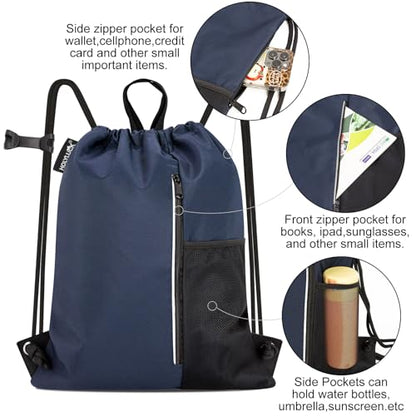 HOLYLUCK Drawstring Backpack Gym Bag For Men Women, String Beach Swim Sports Backpack - color: Navy Blue, style: Standard Drawstring