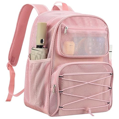 Paxiland Mesh Backpack Heavy Duty See Through Mesh Bookbag Large Backpack for Travel Swimming Outdoor Sports Beach, Pink - color: Pink-27l