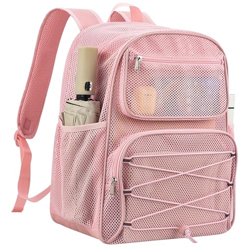Paxiland Mesh Backpack Heavy Duty See Through Mesh Bookbag Large Backpack for Travel Swimming Outdoor Sports Beach, Pink - color: Pink-27l