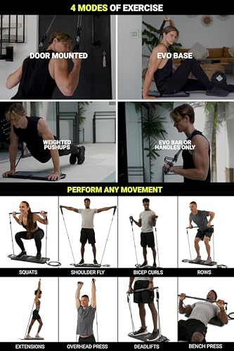 EVO Gym - Portable Home Gym Strength Training Equipment, At Home Gym | All in One Gym - Resistance Bands, Base Holds Gym Bar & Handles for Travel | Portable Gym & Home Exercise Equipment - style: Advanced - 8 Bands (220 Pounds)