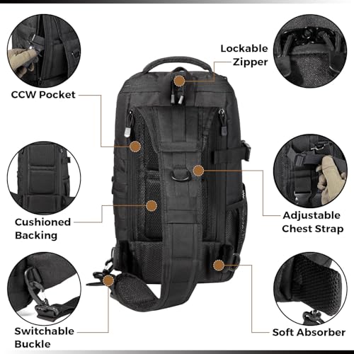 DBTAC Tactical Personal Defense EDC Bags & Packs | 10L Military Shoulder Backpack with Sling for Concealed Carry, Range, Travel, Hiking, Outdoor Sports (Black) - color: Black