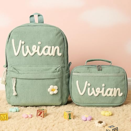 Dyoart Personalized Kids Backpack and Lunchbag Toddler Back to School Kit Custom Name Lunchbox Bag Birthday Gift for Girls Boys Corduroy Toddler Backpack Kid Tote Bag Set