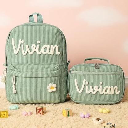 Dyoart Personalized Kids Backpack and Lunchbag Toddler Back to School Kit Custom Name Lunchbox Bag Birthday Gift for Girls Boys Corduroy Toddler Backpack Kid Tote Bag Set