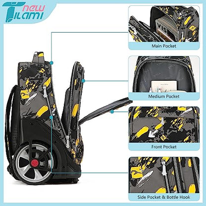 NEW TILAMI 19 inch Rolling Backpack Teens Rolling Backpack Cute Wheeled Laptop Backpack Bookbag Roller Travel Bag College, Yellow Doodle - color: Yellow Doodle