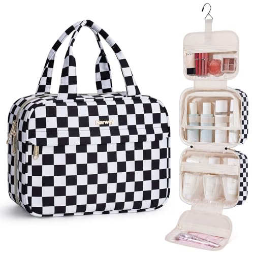 Narwey Hanging Toiletry Bag for Women Checkered Travel Makeup Bag Organizer Cosmetic Make up Toiletries Bag for Travel Essentials Accessories (Black Checkerboard, Medium) - color: Black Checkerboard, size: Medium