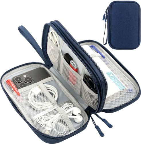 CAAORDKSO Electronic Organizer Travel Cable Accessories Bag, Double Layer Tech Pouch Accessories Carry Case, Travel Essentials for Cable, Cord, Charger, Phone, Power Bank, Earphone (Navy Blue, Large) - color: Navy Blue, size: Large