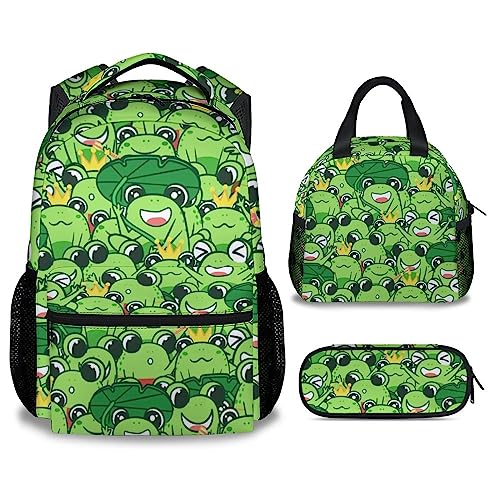 Mercuryelf Frog Girls Boys Backpack with Lunch Box Set, 3 in 1 School Travel Backpacks Matching Combo, Cute Green Bookbag and Pencil Case Bundle - color: Frog-3-2