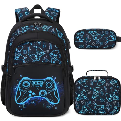 DIGOBAY Boys Backpack for School, 3PCS Cool Luminous Gamer Backpack for Boys with Lunch Box Pencil Case, Kids Backpacks Bookbag for Teen Boy Elementary Middle High School with USB Charging Port - color: Blue-gaming
