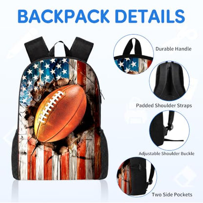 3PCS Football Backpack for Boys Girls Teens, School Backpack with Lunch Box Pencil Case for Elementary Middle High Students, 17 Inch Lightweight Bookpack 3 in 1 Set Back to Shool Supplies for Kids - color: American Flag Football S01