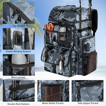 VJI 52L Large Fishing Tackle Backpack with Rod Holders, Black Camo - color: Black Camo