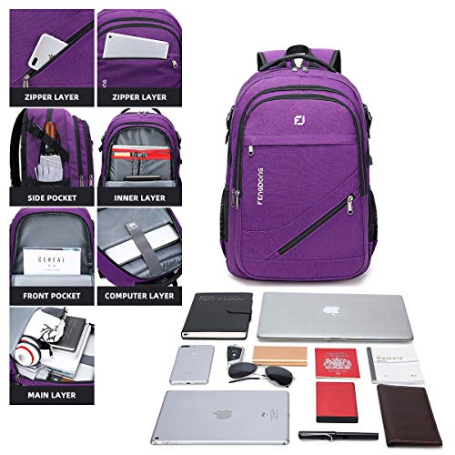 FENGDONG Durable Waterproof Travel Large Laptop Backpack 17.3 inch,College Backpack Bookbag for Men & Women Business Backpack with USB Charging Port and Headset Port Purple - color: A1-purpie