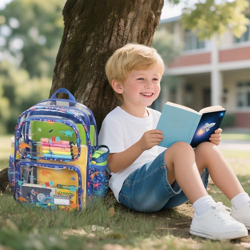Bagseri Clear Backpack for Boys, 15 Inch Heavy Duty Kids Transparent Bookbag for School Kindergarten to 2nd Grade, Fits 12.5 Inch Folders, High Visibility Reflective Strips, Blue Dinosaur - color: 1pcs, B-blue Dinosaur, style: Backpack