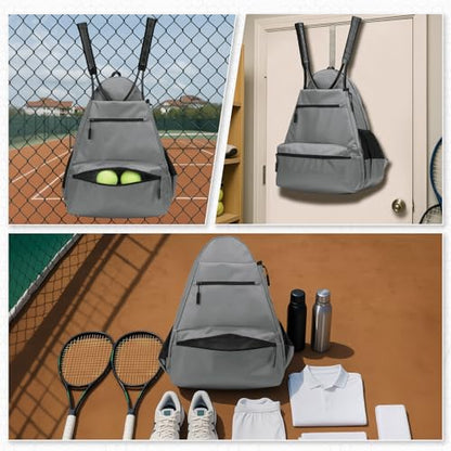 Tennis Backpack for Rackets, Waterproof Tennis Bag with Shoe Compartment, Wet/Dry Pocket, Fence Hook, for Tennis, Pickleball, Badminton - color: Gray