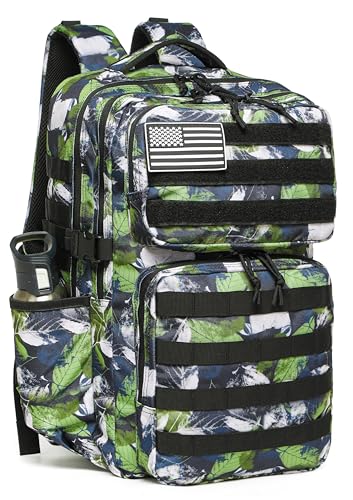 Wotony Military Tactical Backpack for Men Waterproof Daypack 3 Day Assault Pack Molle Bag with Water Bottle Holder - color: Green Leaves, size: 35L