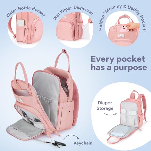 RUVALINO Diaper Bag Backpack, Multifunction Travel Back Pack for Girls, Maternity Baby Changing Bags with Changing Pad for Mom, Large Capacity, Waterproof and Stylish, Pink - color: Pink