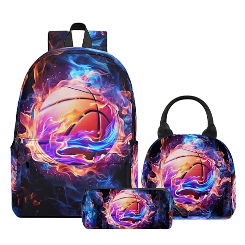 3PCS Boys Basketball Backpack, Bookbag for Kids Boys with Lunch Box, 17 Inch Basketball Teens School Bag Set, Laptop Backpack for Mens School/Daypack - color: Basketball